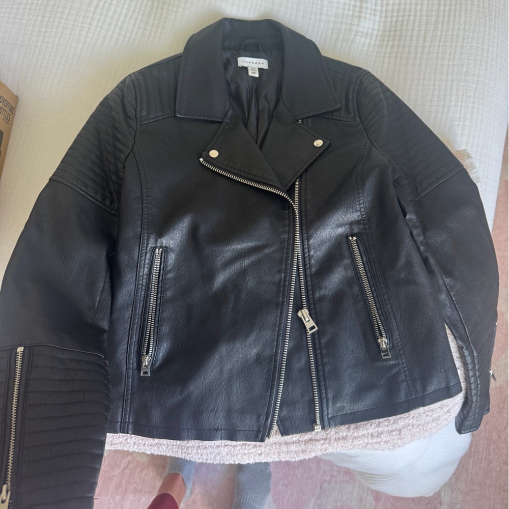 Topshop Black Leather Jacket with Silver Accents